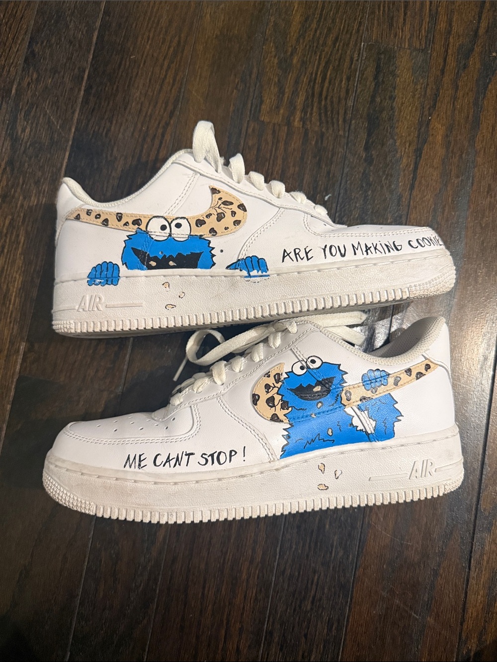 Nike Women's White Sneakers with Blue Cookie Monster Art and Leopard Swoosh